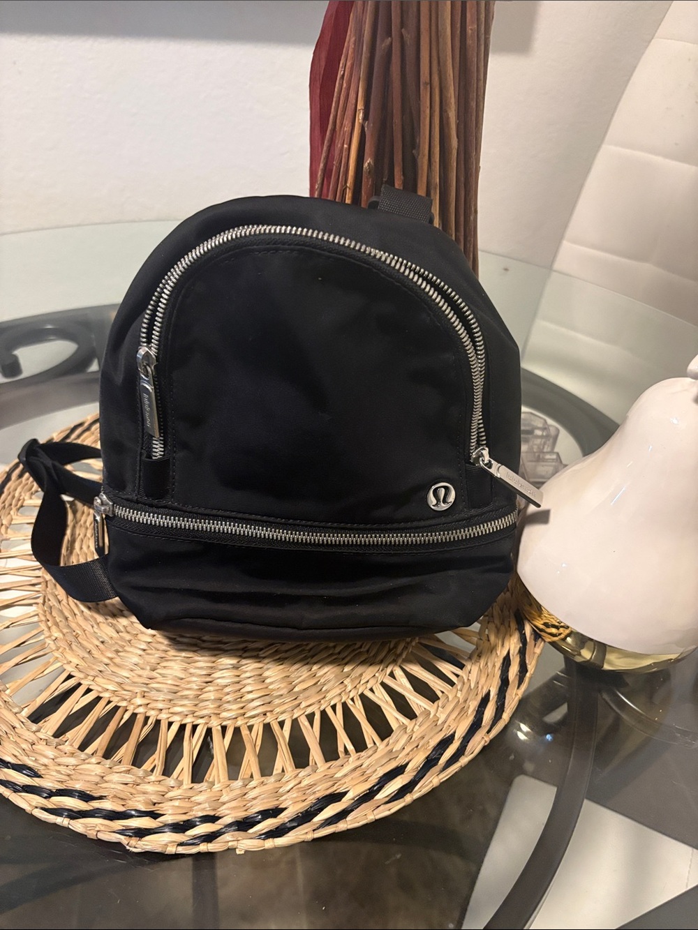lululemon athletica Black Mini Backpack with Silver Zippers